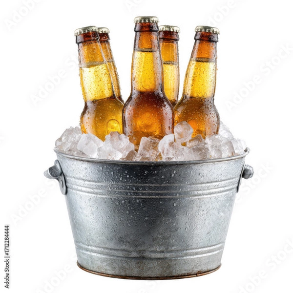Fototapeta Five chilled beer bottles in a metal bucket filled with ice isolated [Transparent Background PNG].