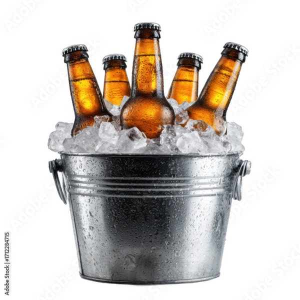 Fototapeta Five chilled beer bottles in a metal bucket filled with ice isolated [Transparent Background PNG].