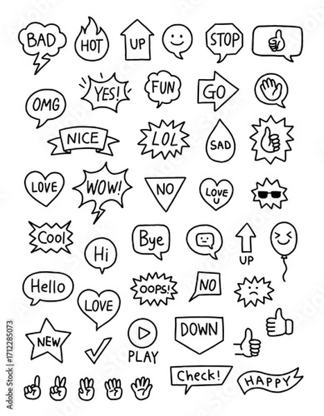 Obraz Hand drawn vector doodle speech bubbles with words and emoji icons