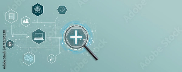 Fototapeta Magnifying glass focus on Plus sign and minus sign around. Addition and positive mindset thinking such as profit, benefits, development, CSR represented, motivation, increase concept and copy space.