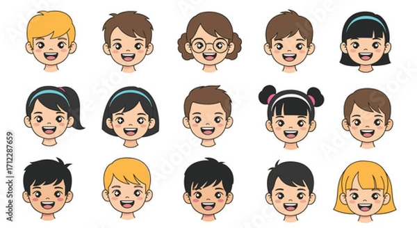 Obraz Collection of diverse cartoon children's faces showcasing various hairstyles and expressions.