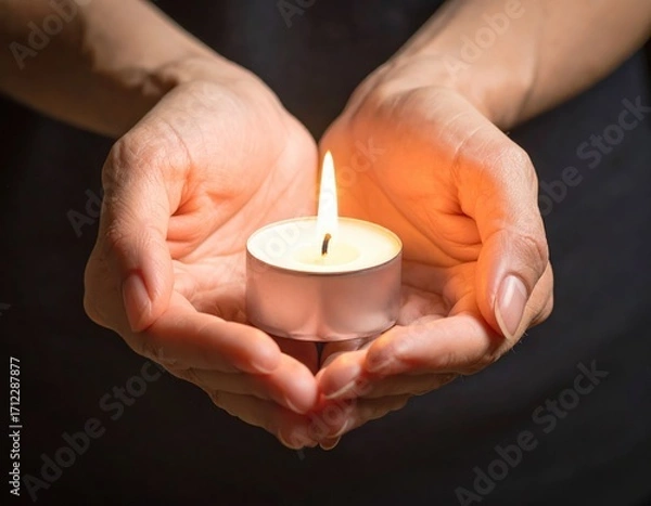 Obraz Hands Holding a Lit Candle with Soft Warm Light in Darkness
