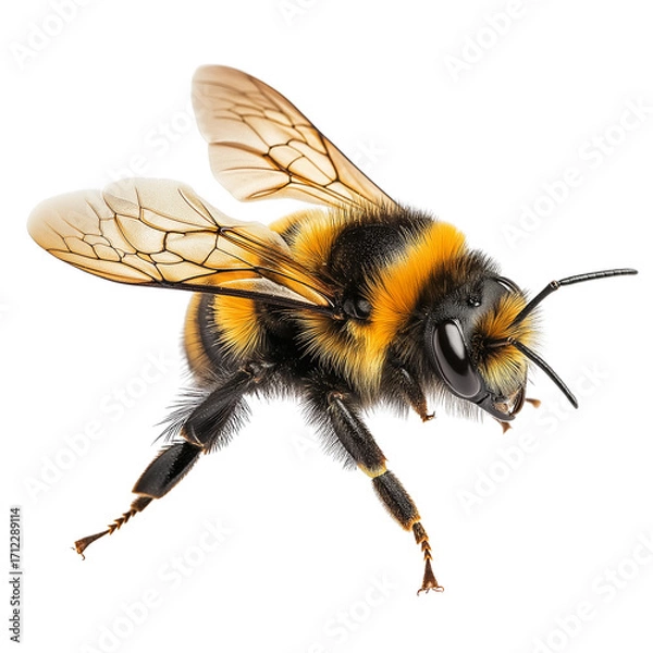 Fototapeta Flying Bee Isolated on Transparent Background, Insect Bee Flying on White Background, Honey Bee in Flight Closeup 