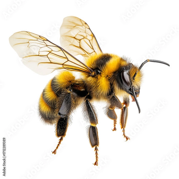 Fototapeta Flying Bee Isolated on Transparent Background, Insect Bee Flying on White Background, Honey Bee in Flight Closeup 