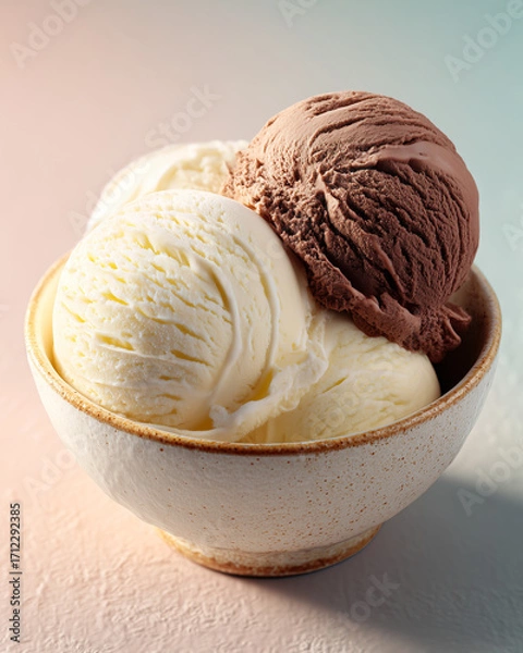 Fototapeta Three Scoops of Milk and White Chocolate Ice Cream in Ceramic Bowl with Pastel Background