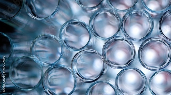 Fototapeta Close-up of a group of small, circular objects that appear to be made of glass or plastic. the objects are arranged in a grid-like pattern, with each object slightly overlapping the one below it.