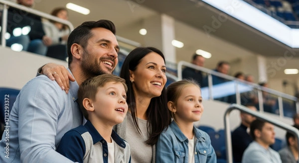 Fototapeta Family at stadium enjoying game looking on, sitting in stands, with children and parents together. Family at stadium during event, excited, shows togetherness in public.