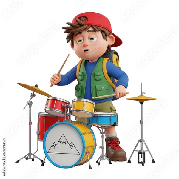 Fototapeta Animated boy character playing drum set with backpack and red cap fun music performance