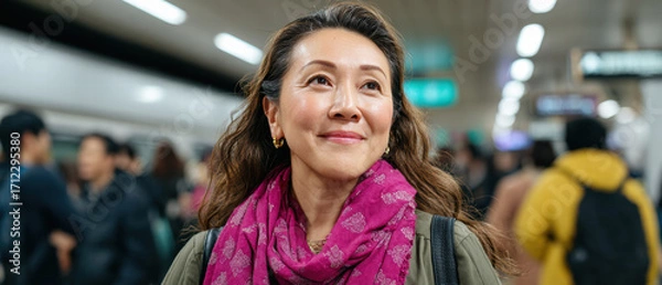 Fototapeta Smiling woman commuter wearing pink scarf in crowded subway station, candid portrait conveying confidence and calm amid urban commute