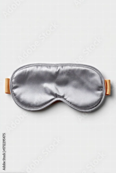 Fototapeta Silver satin sleep mask with orange elastic strap laid flat on white background, soft padded texture conveying calm relaxation and comfortable night rest