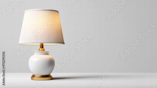Fototapeta White ceramic table lamp with fabric shade and warm glow on minimalist surface, elegant home decor, soft ambient lighting for bedroom or living room