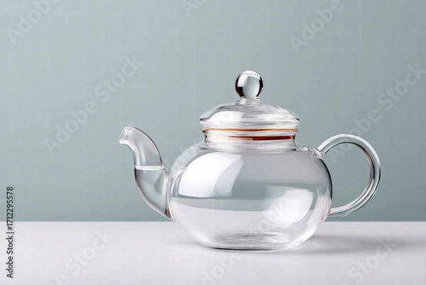 Fototapeta Clear glass teapot on white surface with gentle reflection and soft studio lighting, minimalist composition conveying calm and elegant mood
