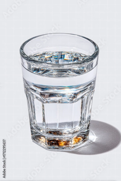 Fototapeta Clear drinking glass with water and light reflection casting soft shadow, simple still life composition with transparent texture and clean background