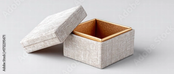 Fototapeta Small textured jewelry box with removable lid and gold interior, photographed on neutral background conveying elegant presentation and delicate storage for rings and small keepsake