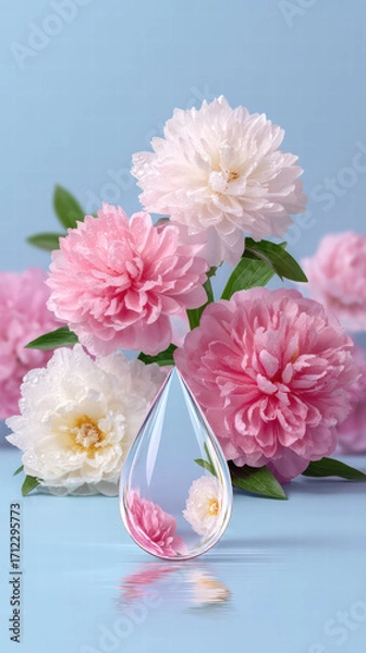 Fototapeta A teardrop mirror reflecting pink peony and white peony with water drop effect, delicate petals, soft pastel background, floral still life with dewy texture