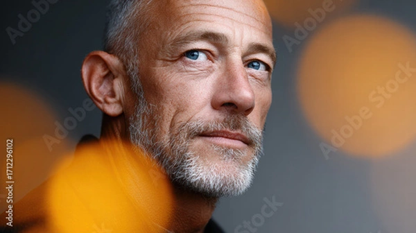 Fototapeta Mature man portrait blue eye gray beard thoughtful expression bokeh light close up studio lighting