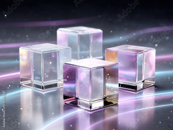 Fototapeta Floating translucent cube glass blocks glowing with pastel light ribbons and soft sparkles, futuristic reflective surface and atmospheric bokeh adding dreamy mood