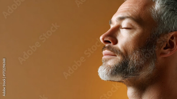 Fototapeta Relaxed bearded man profile with closed eyes enjoying calm moment in warm studio light, neutral background, soft texture, peaceful expression, contemplative mood
