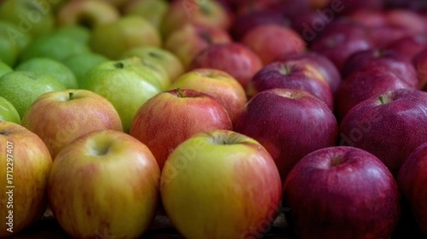 Fototapeta Close-up of a pile of apples. the apples are of different colors - red, green, and yellow - and are arranged in a neat and orderly manner.