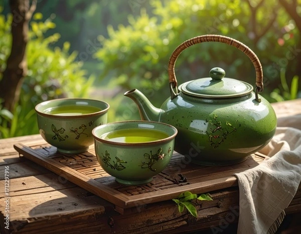 Obraz A tranquil outdoor scene showcasing a set of jade-green teacups and a teapot, filled with vibrant green tea, on a rustic wooden tray, bathed in the soft glow of natural sunlight.