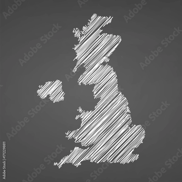 Fototapeta United Kingdom map hand drawn sketch. Vector concept illustration flag, scribble map. Country map for infographic, brochures and presentations isolated on black background. Vector illustration