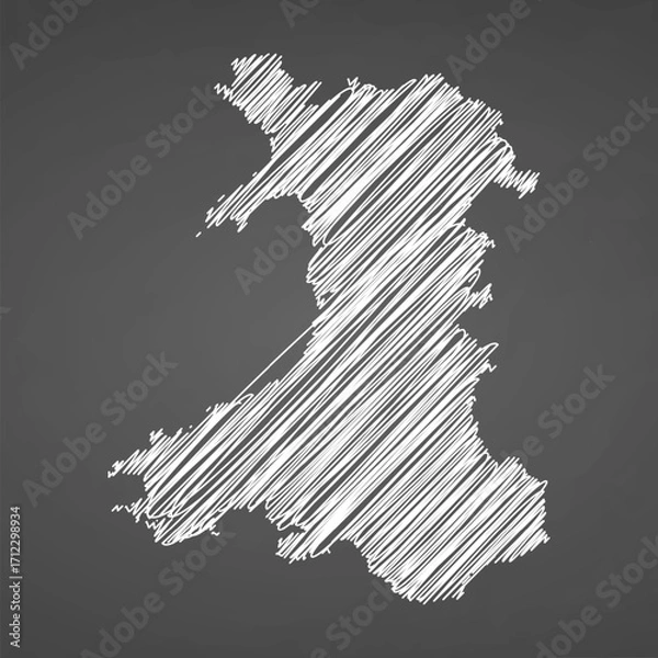 Fototapeta Wales map hand drawn sketch. Vector concept illustration flag, scribble map. Country map for infographic, brochures and presentations isolated on black background. Vector illustration