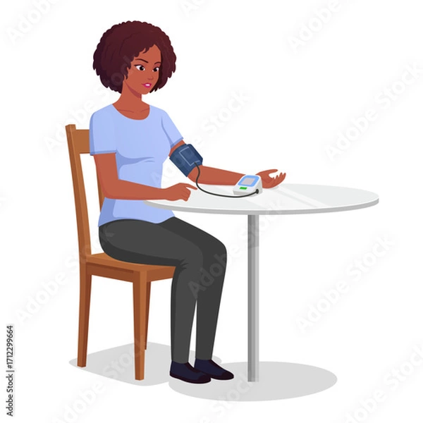 Fototapeta Black Woman Taking her blood Pressure at Home, Female Character using Automatic BP Device vector illustration