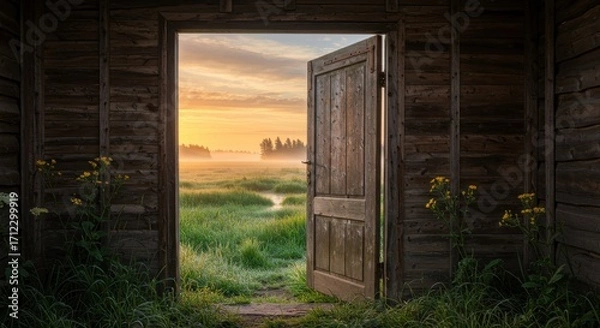 Fototapeta Open Door to Serenity: A wooden door, ajar in a rustic setting, frames a captivating sunrise landscape, inviting viewers into a world of peace and new beginnings.