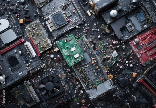 Fototapeta Overhead view of electronic circuit boards, components, and technology.