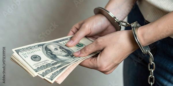Fototapeta Handcuffed hands holding money with tense feeling, symbolizing crime and financial control in close view