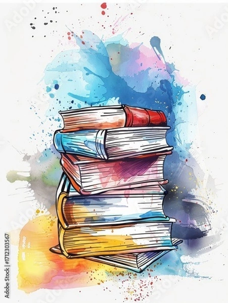 Obraz Minimalistic line art with watercolor color of books
