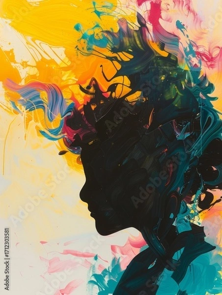 Obraz The background features a vivid, psychedelic color gradient with bright yellows, pinks, and blues, creating a striking contrast with the dark silhouette of the figure.