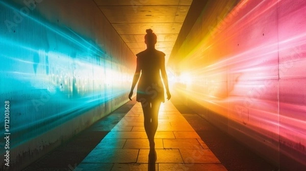 Obraz The background features a vivid, psychedelic color gradient with bright yellows, pinks, and blues, creating a striking contrast with the dark silhouette of the figure.