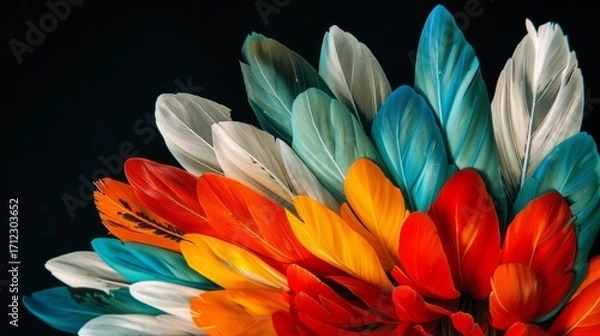 Obraz The colors are bright and varied, including shades of turquoise, red, orange, yellow, and white, all set against a stark black background.