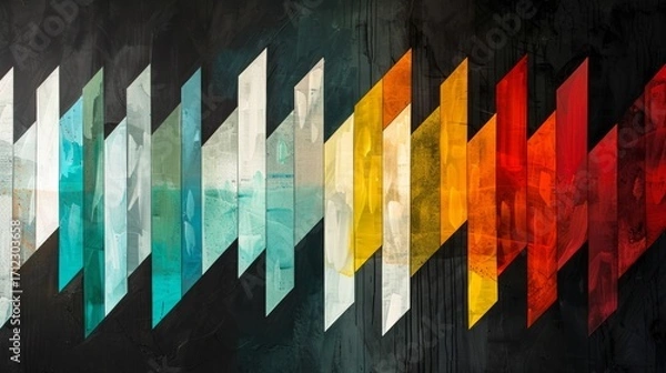 Obraz The colors are bright and varied, including shades of turquoise, red, orange, yellow, and white, all set against a stark black background.