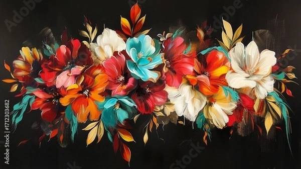 Obraz The colors are bright and varied, including shades of turquoise, red, orange, yellow, and white, all set against a stark black background.