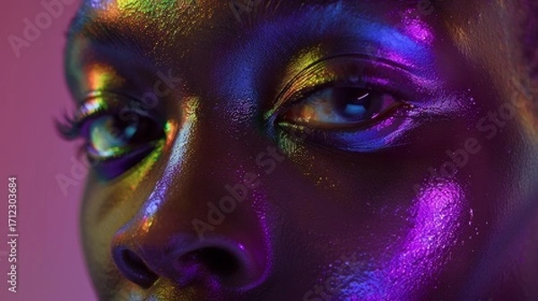Obraz The face has a smooth, reflective surface that shimmers with an iridescent, rainbow-like gradient of colors, including purples, blues, yellows, and greens