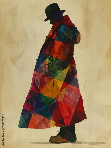 Obraz The figure is depicted in a simplistic, abstract style, adorned with bold, colorful patterns on the clothing