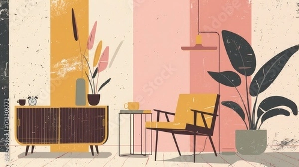 Obraz The illustration is minimalistic, with bold, flat colors and a vintage texture that evokes a mid-20th-century graphic design aesthetic