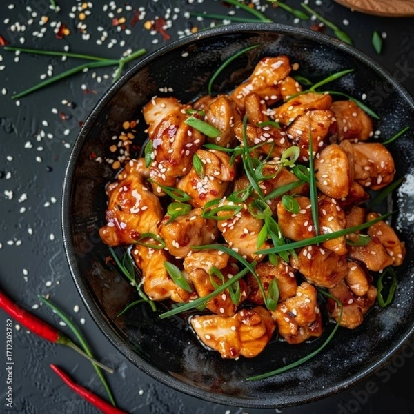 Obraz Plate of delicious glazed chicken pieces, garnished with sesame seeds and fresh green onions
