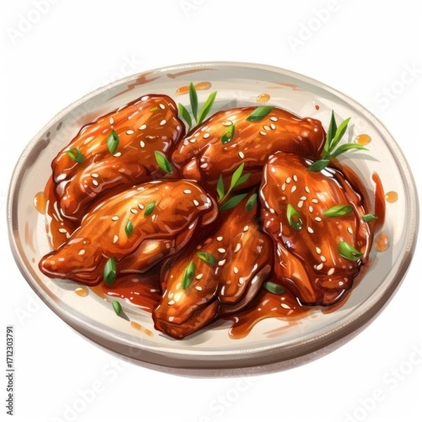 Obraz Plate of delicious glazed chicken pieces, garnished with sesame seeds and fresh green onions