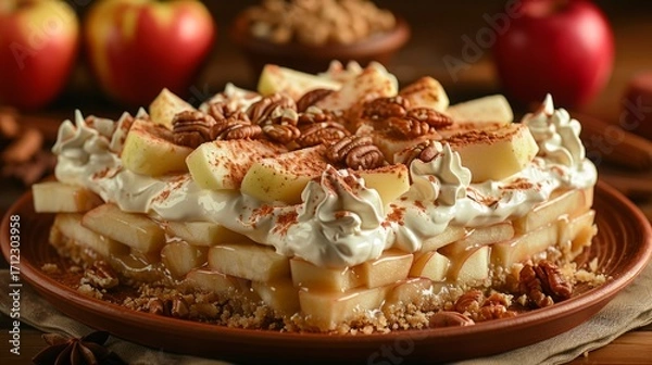 Obraz This dessert combines the natural sweetness and tartness of the apples with the rich, creamy, and crunchy textures of the toppings.