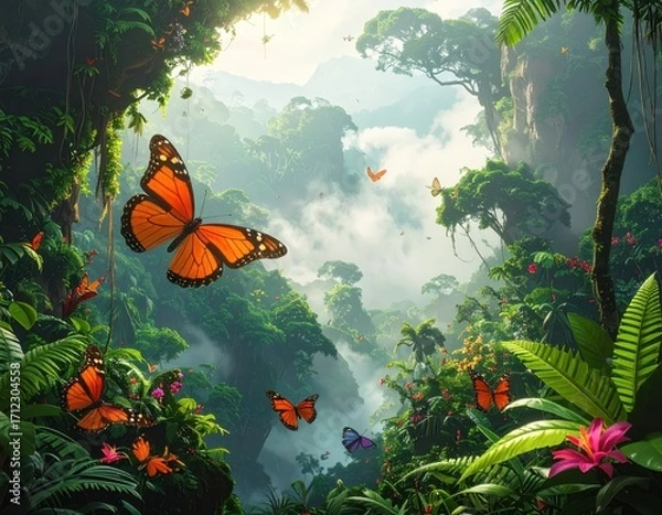 Obraz Lush, vibrant rainforest scene, filled with soaring butterflies and colorful flora, showcasing a misty, majestic landscape.