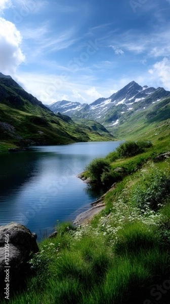 Obraz Scenic Mountain Lake with Snow-Capped Peaks and Green Valleys
