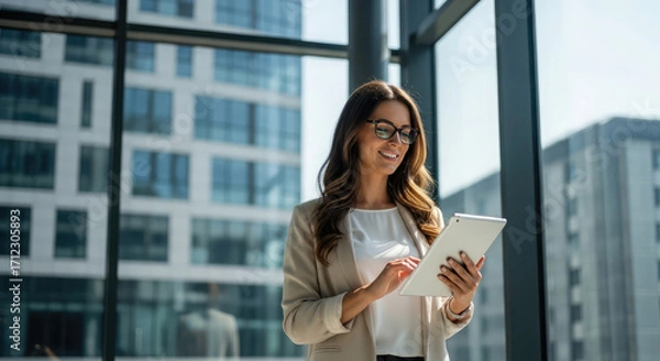 Fototapeta Professional woman using a tablet in a bright modern office environment