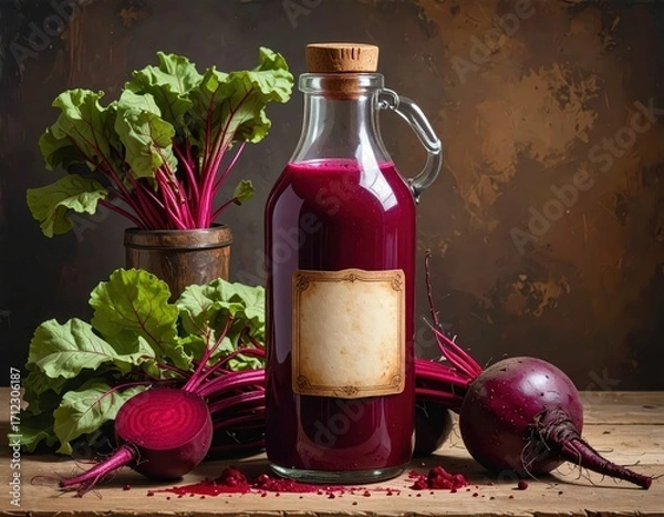 Obraz A glass bottle of vibrant beetroot juice rests among fresh beetroot roots and leaves on a rustic wooden table, showcasing a rich deep crimson color and a vintage feel.