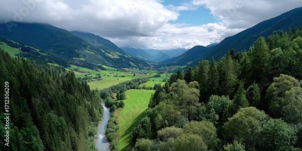 Obraz Scenic Valley with Lush Forests and River