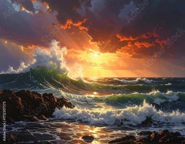 Obraz Dramatic sunset over crashing waves against a rocky shoreline, showcasing vibrant colors and powerful ocean waves.