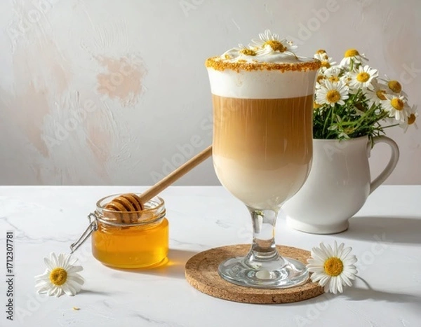 Obraz A delicate latte art creation, topped with whipped cream, yellow sprinkles, and adorned with fresh daisy flowers, sits beside a honey jar on a white marble surface.
