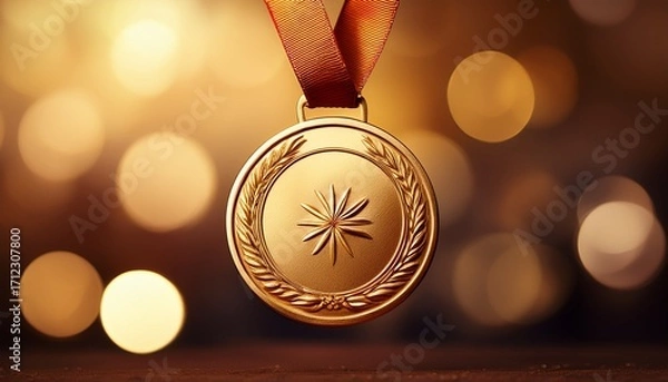 Obraz gold medal with ribbon for first place on bokeh brown background champion and winner concept